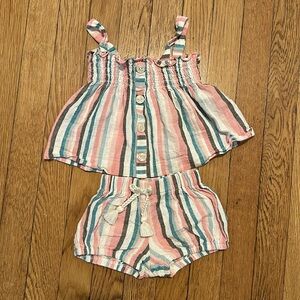 Adorable Girl’s Linen Striped Pink and Blue Toddler Matching Set